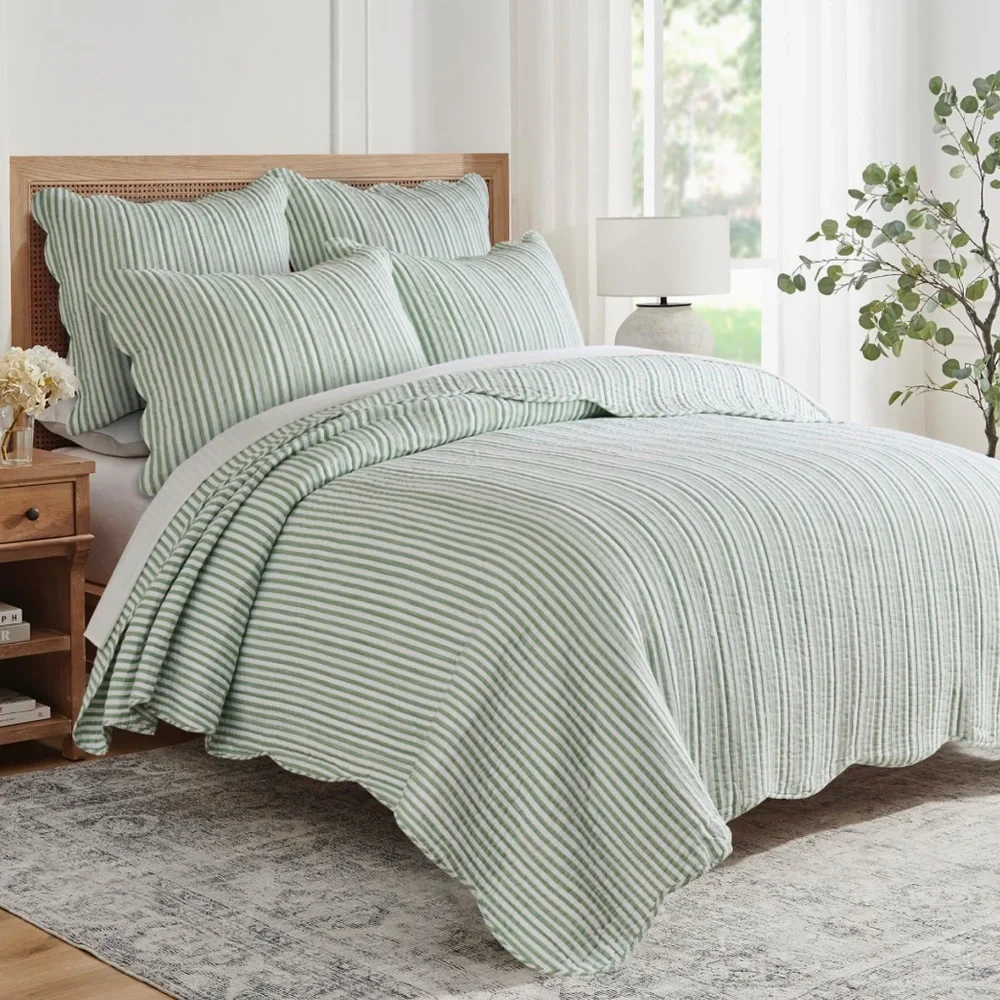 🆕 PB Style Green & White Striped Cotton Quilt Coverlet Scalloped Trim Set NWT